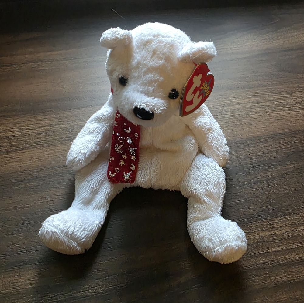 Ty Beanie Baby – 2000 Holiday Teddy, White Bear with Festive Scarf, Retired